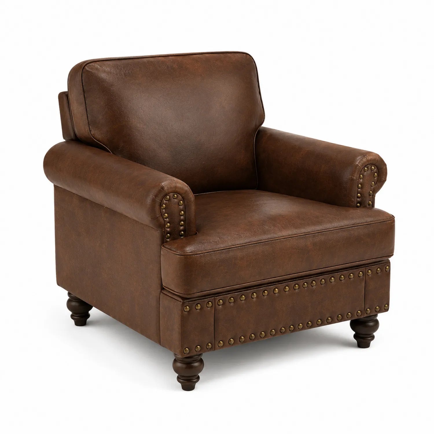Fauteuil en cuir PU marron avec accoudoirs roulés