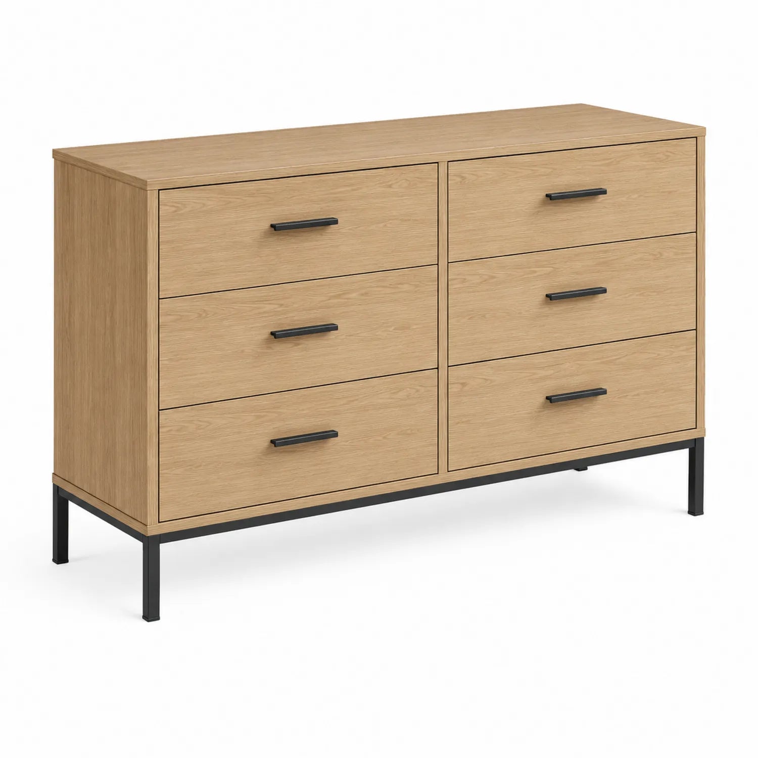 Commode à 6 tiroirs en bois clair avec pieds en métal noir