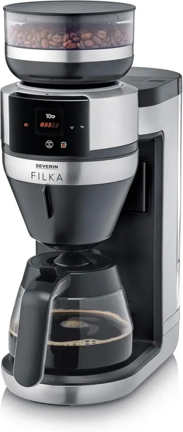 SEVERIN Cafetière avec Broyeur et Verseuse en Verre, Réglage Automatique de l'Eau, Inox/Noir