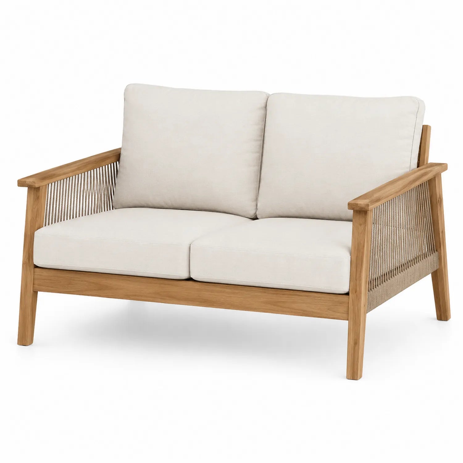 Canapé d'extérieur en bois de teck avec coussins beige