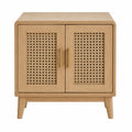 Table de chevet en bois et rotin avec poignées dorées