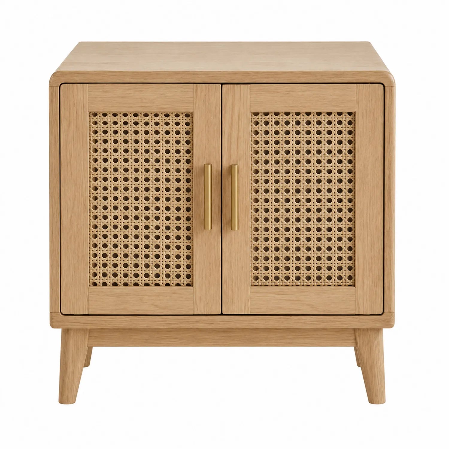 Table de chevet en bois et rotin avec poignées dorées