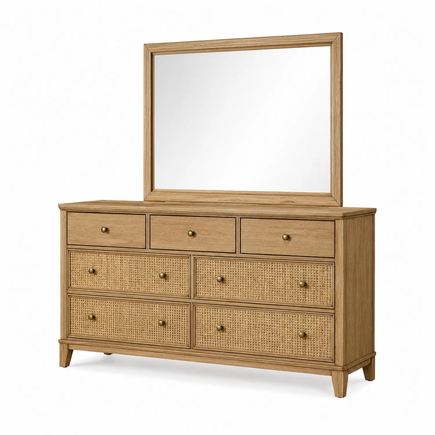 Commode en bois de chêne avec miroir et tiroirs en rotin