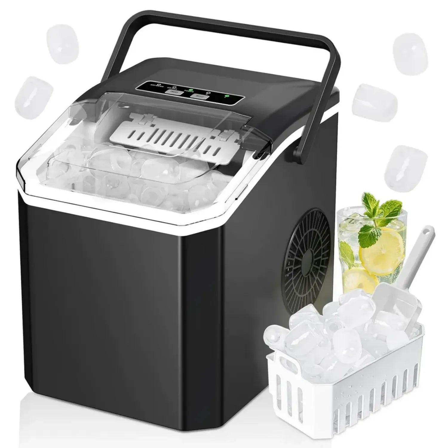 Machine à glaçons autonome, 14 kg/24h, 2 tailles, nettoyage intégré, pour maison et camping (noire)