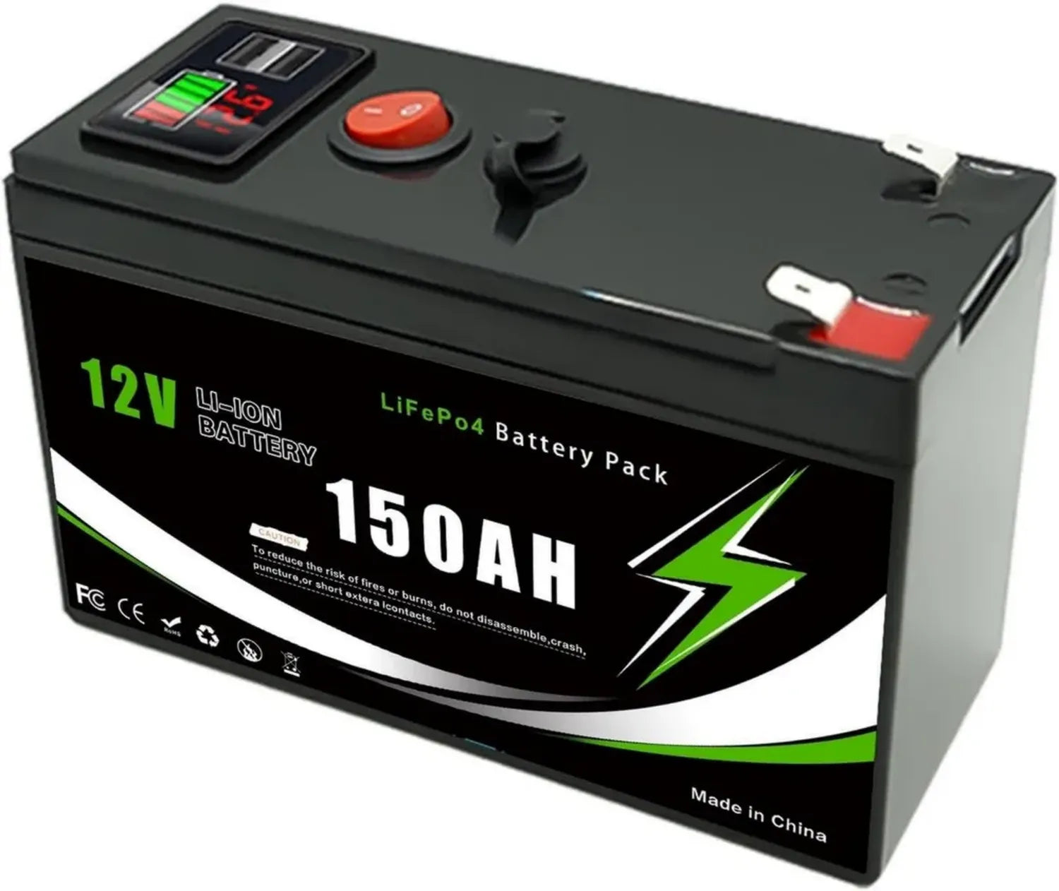 Batterie LiFePO4 12V 150Ah Rechargeable avec BMS pour Jouets et Solaires