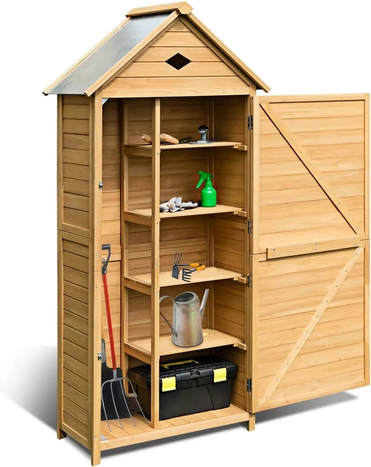 Cabane de Jardin en Bois avec Étagères et Toit en Pente - Rangement Extérieur pour Outils