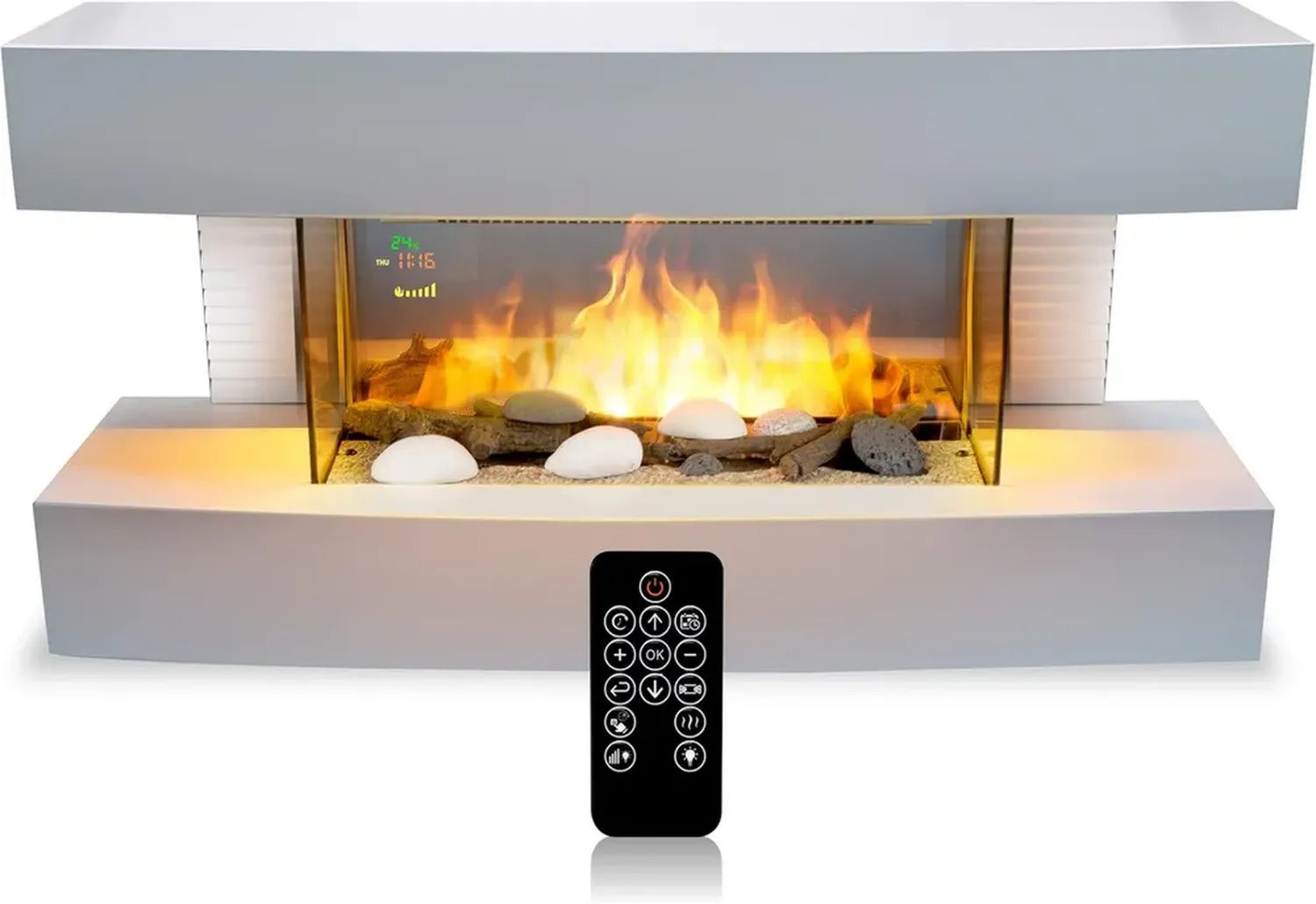 Cheminée Électrique 2000W avec Effet Flamme LED et Télécommande - Radiateur Blanc 230V