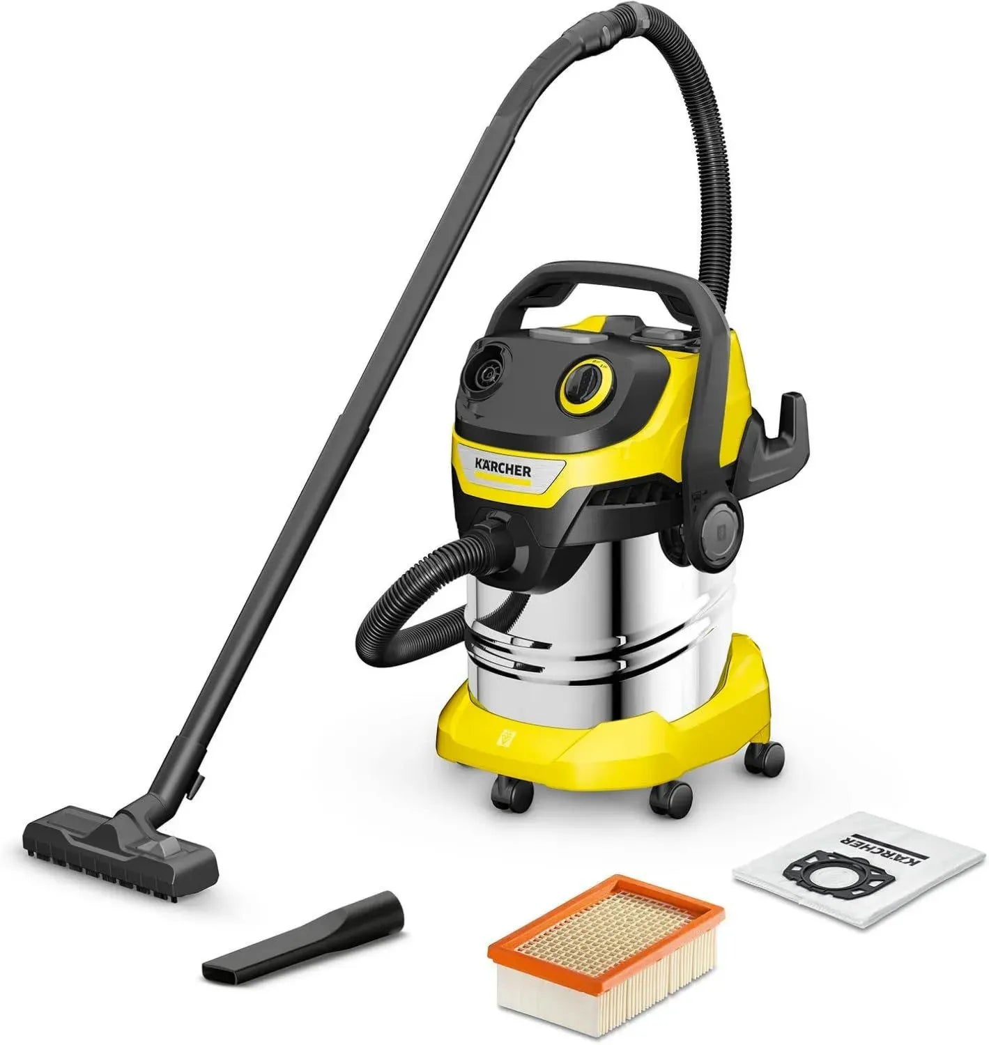 Aspirateur Eau et Poussière Kärcher WD 5 S avec Réservoir Inox 25L, Filtre Amovible, Nettoyage Automatique, 1100W