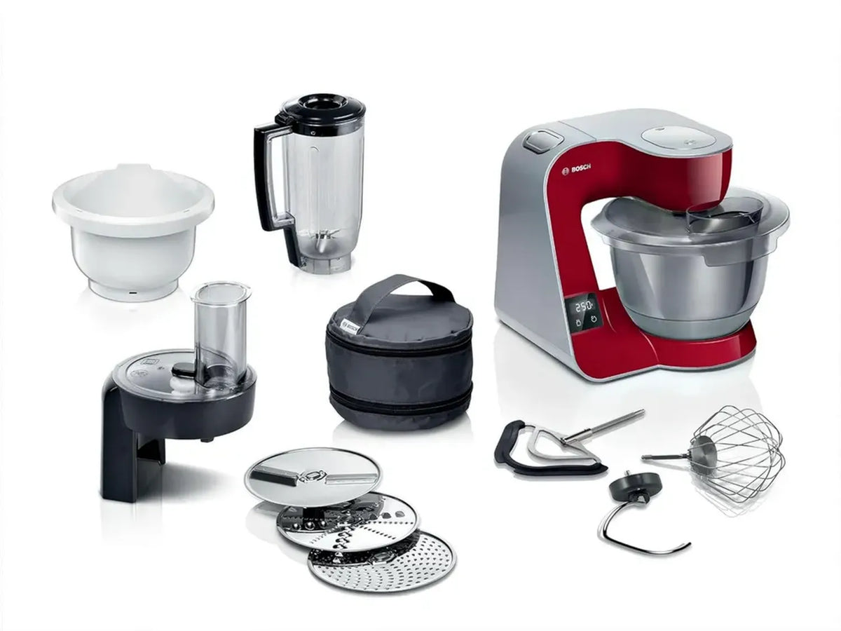 BOSCH Robot Pâtissier Série 4 avec Balance, 1000W, Rouge et Argent, Mixeur Premium, 7 Vitesses et Turbo