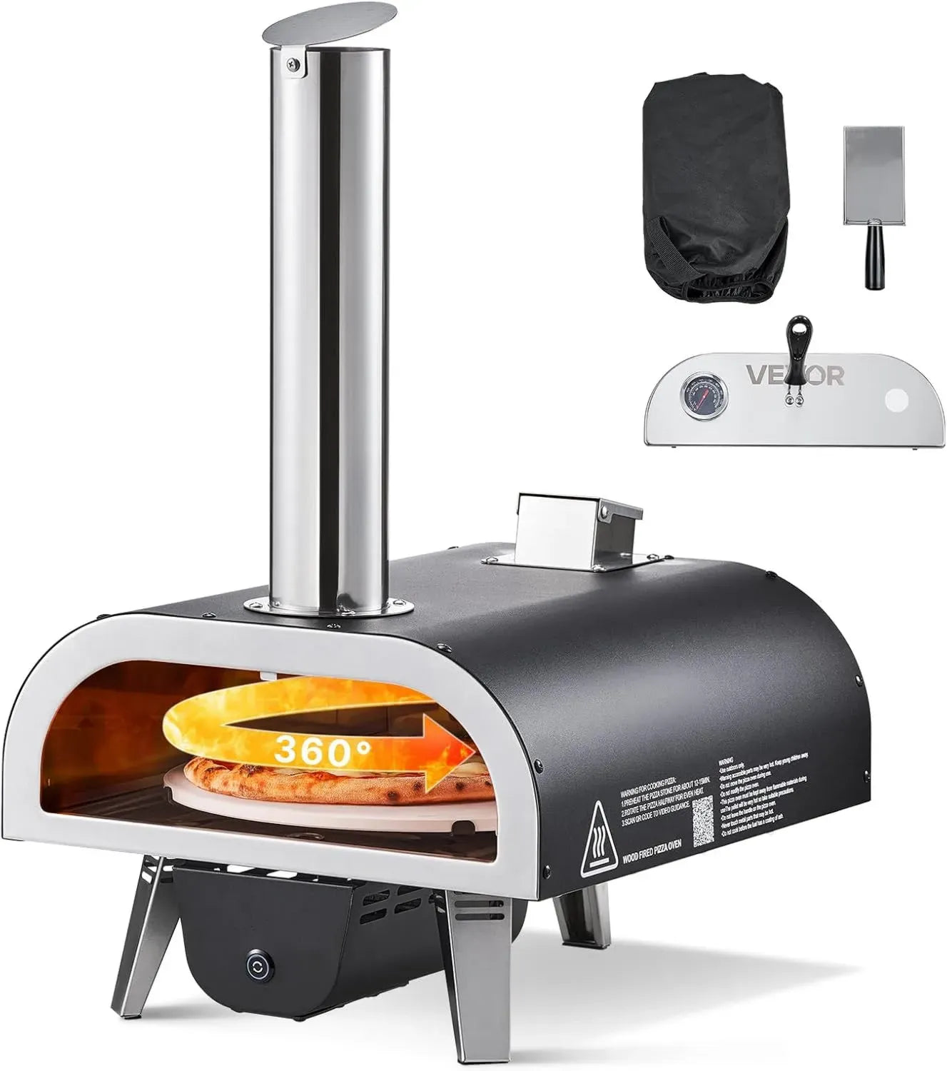 Four à Pizza Portable Extérieur 30 cm, à Granulés de Bois avec Thermomètre et Pivot Électrique, Pierre à Pizza et Accessoires Complets