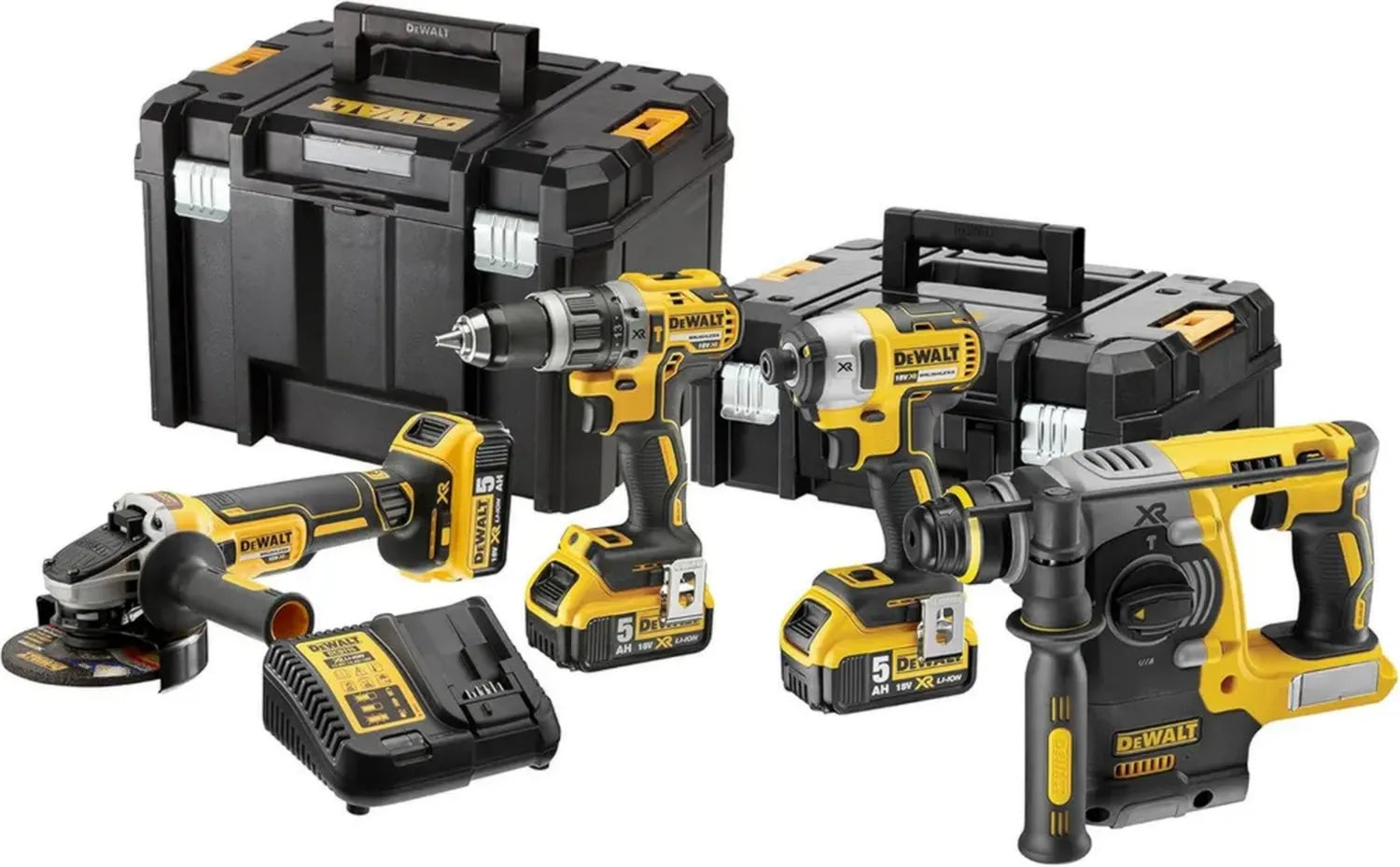 DEWALT Kit 4 Outils: Perceuse à Percussion, Visseuse à Chocs, Meuleuse, Perforateur XR 18V Sans Balais, 3 Batteries 5Ah, Chargeur, 2 Coffrets TSTAK