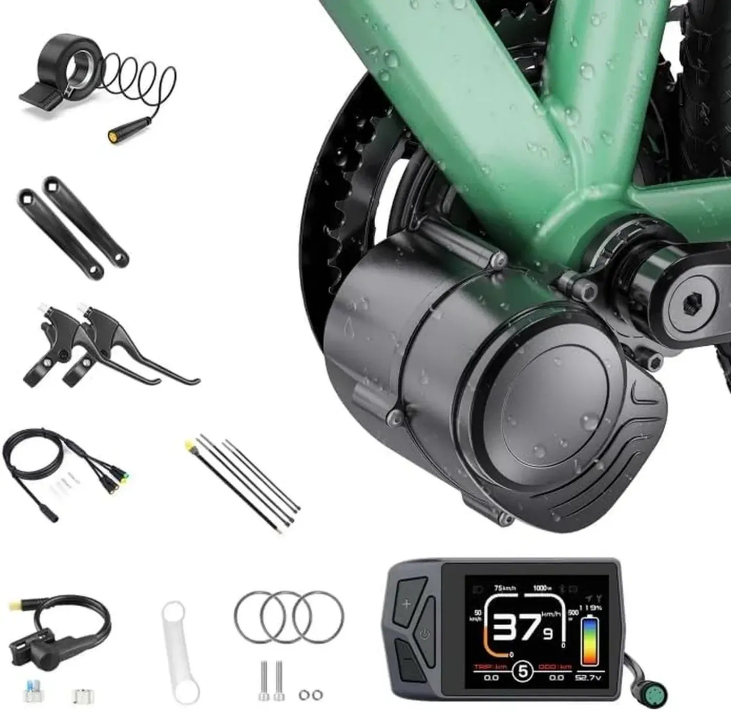 Kit de Conversion Vélo Électrique 48V 500W avec Entraînement Central et Capteur de Couple, Plateau 42T, Écran Optionnel, Pour Boîtier de Pédalier 68-73mm (Sans Batterie)