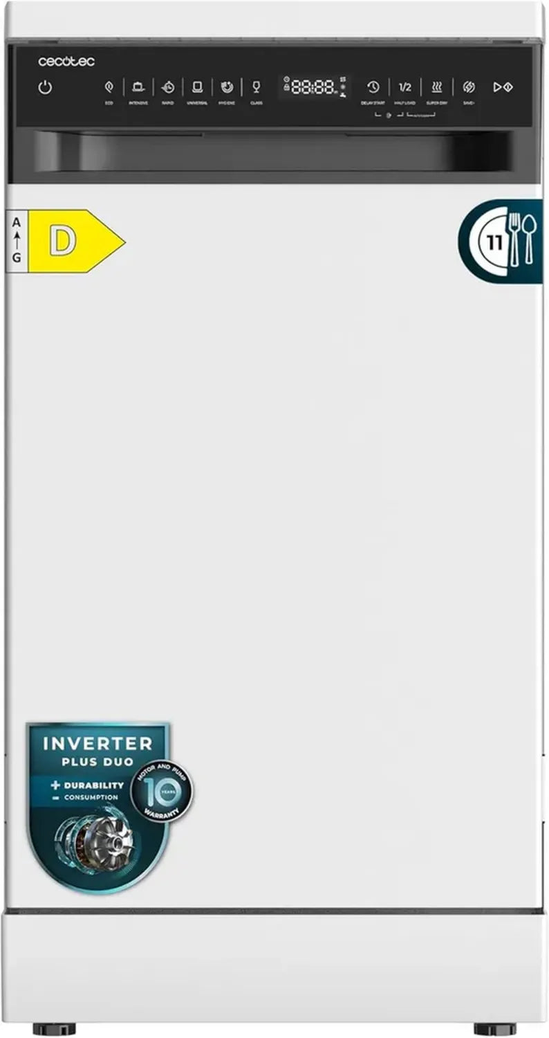 Lave-vaisselle 45 cm Cecotec Bolero Aguazero 4360, 11 couverts, 9 programmes, classe D, moteur Inverter Plus Duo, écran tactile, Super Sec, Économie+, AutoNettoyage, départ différé, blanc