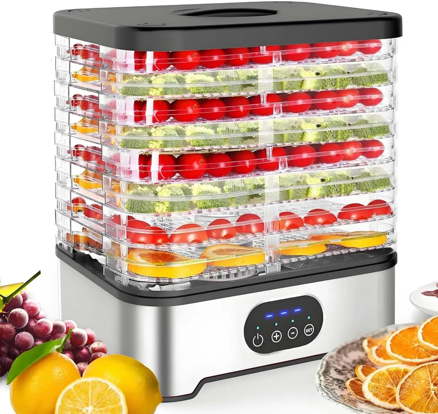 Déshydrateur alimentaire numérique avec contrôle précis et hauteur ajustable, séchage uniforme à 360° pour fruits et légumes