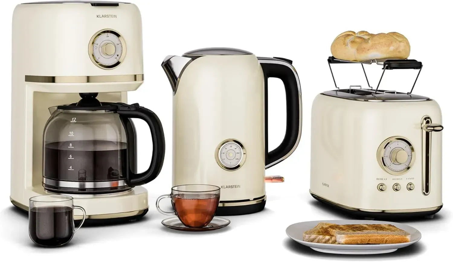Ensemble Petit-Déjeuner Rétro Klarstein Victoria - Grille-Pain à 2 Fentes, Bouilloire 1,7L et Cafetière 12 Tasses, Crème