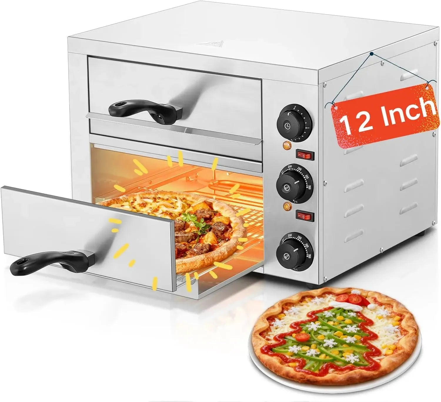 Four à Pizza Électrique Intérieur 12 Pouces, Acier Inoxydable, Température Jusqu'à 350°C, Minuterie Intégrée