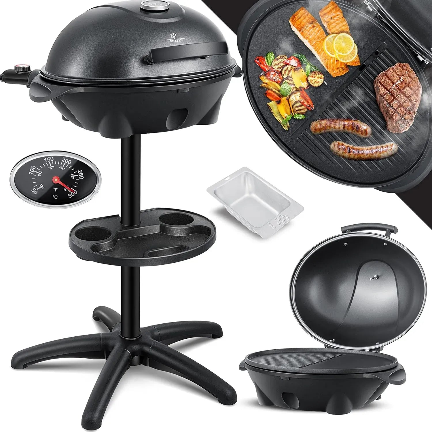 Grill Électrique 2 en 1 avec Support et Housse, Puissance 2400W, Thermomètre, Revêtement Antiadhésif, Grande Plaque, Plateau Intégré