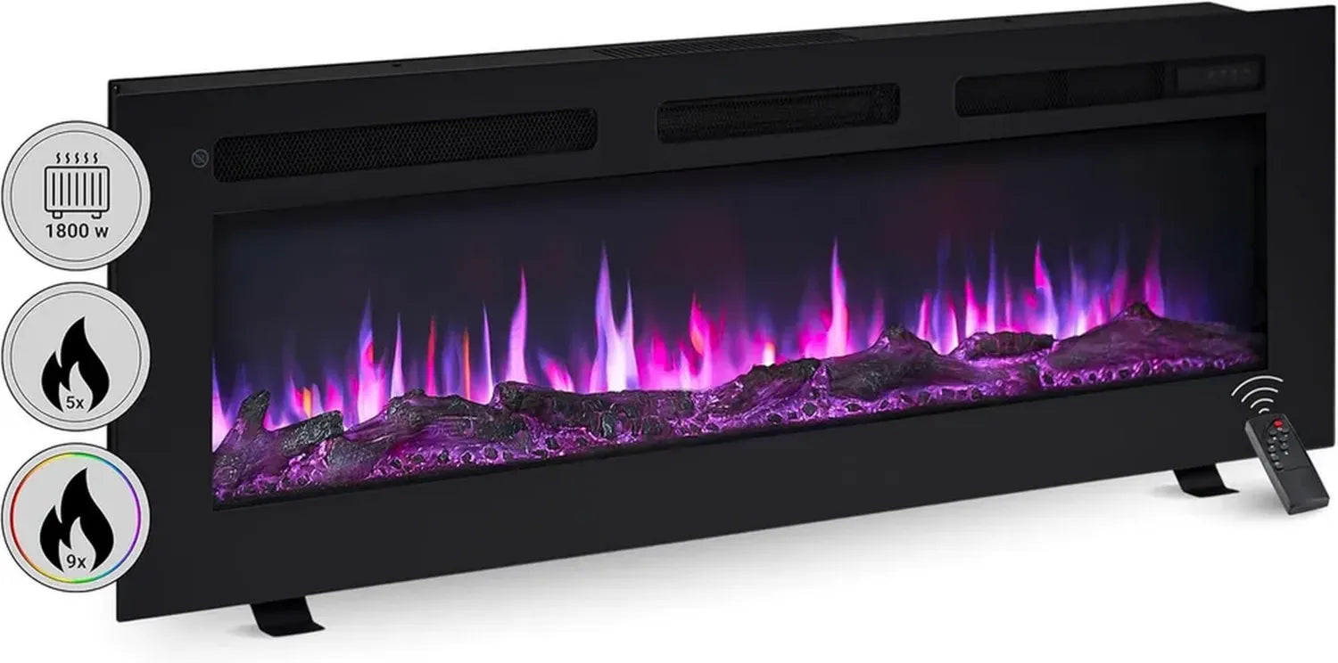 Cheminée Électrique Murale Balderia Leif 50' avec Effet Flammes 3D, Chauffage 2000W, LED et Télécommande
