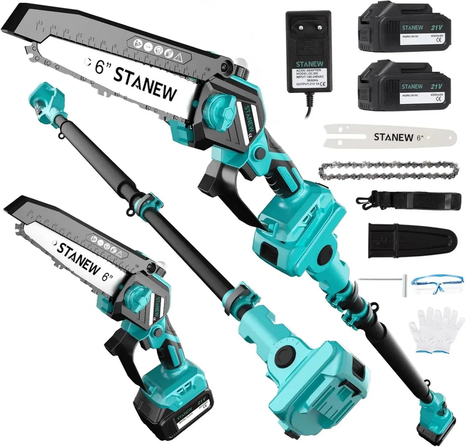 Tronçonneuse Télescopique STANEW 2-en-1, Mini Scie Sans Balais, 6 pouces, 2 Batteries 4000mAh, Hauteur Max. 4,55 m, Angle Réglable 0-120° avec Écran LCD