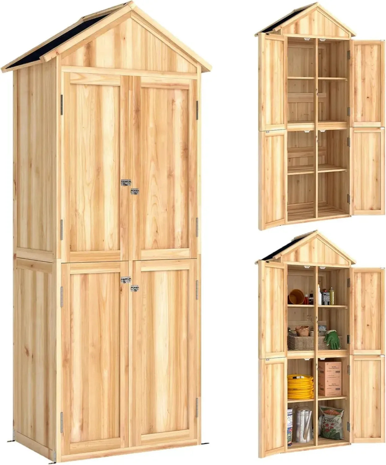 Abri de Jardin en Bois avec Toit en Asphalte et Étagères Ajustables - Outsunny, 190cm, 4 Portes