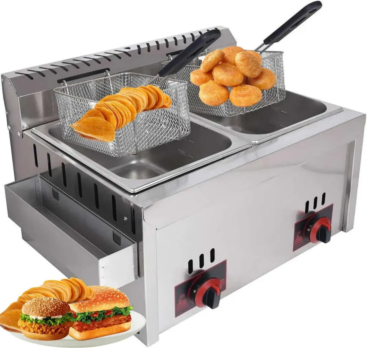 Friteuse professionnelle à gaz en acier inoxydable avec contrôle manuel de température et paniers amovibles - Idéale pour frites, capacité 2 x 10 L