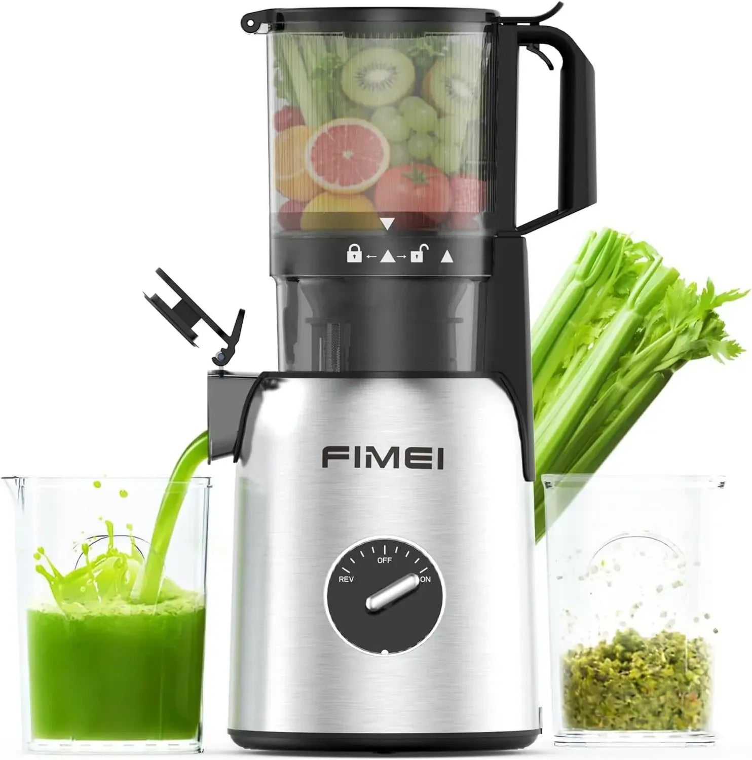 Extracteur de Jus FIMEI, Ouverture Large 135mm, Haute Efficacité, Nettoyage Facile, Sans BPA, Inox, Inclus 2 Verres